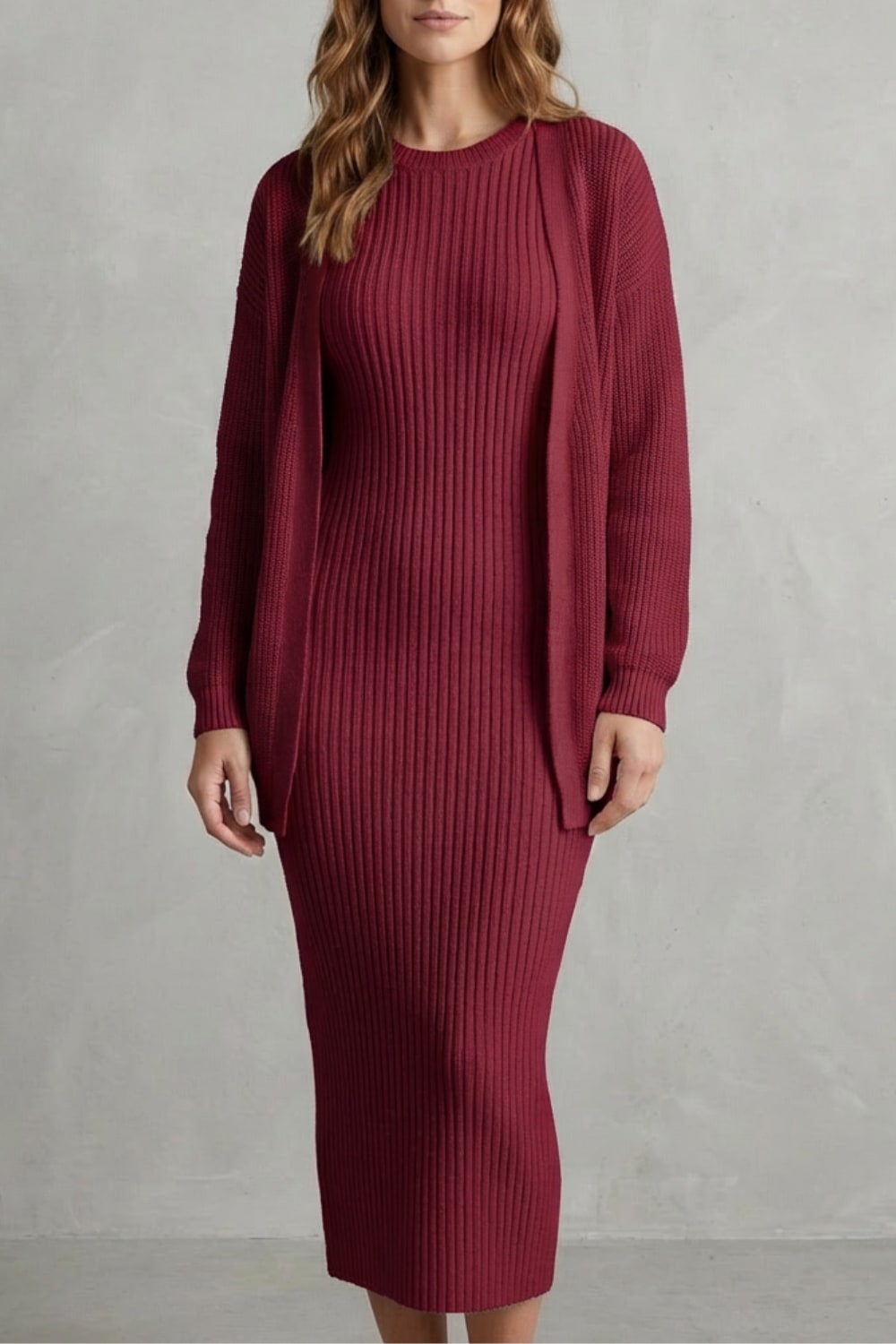Women's Ribbed Knit Midi Dress and Cardigan Set | Gabriella_21