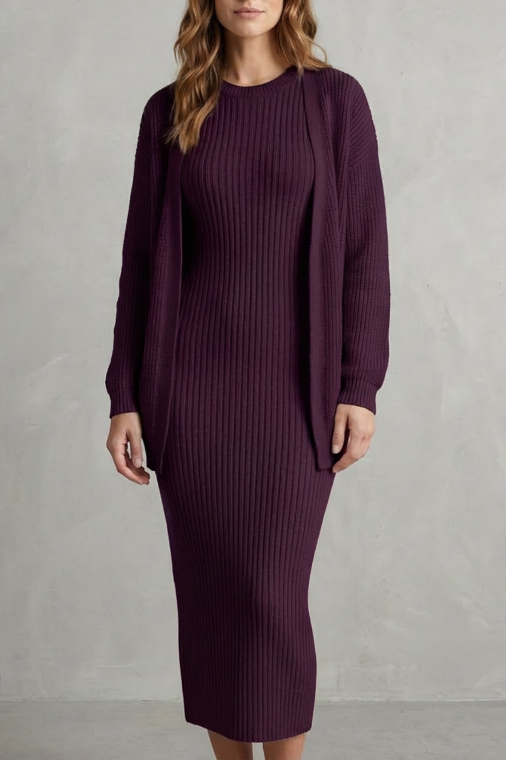 Women's Ribbed Knit Midi Dress and Cardigan Set | Gabriella_23