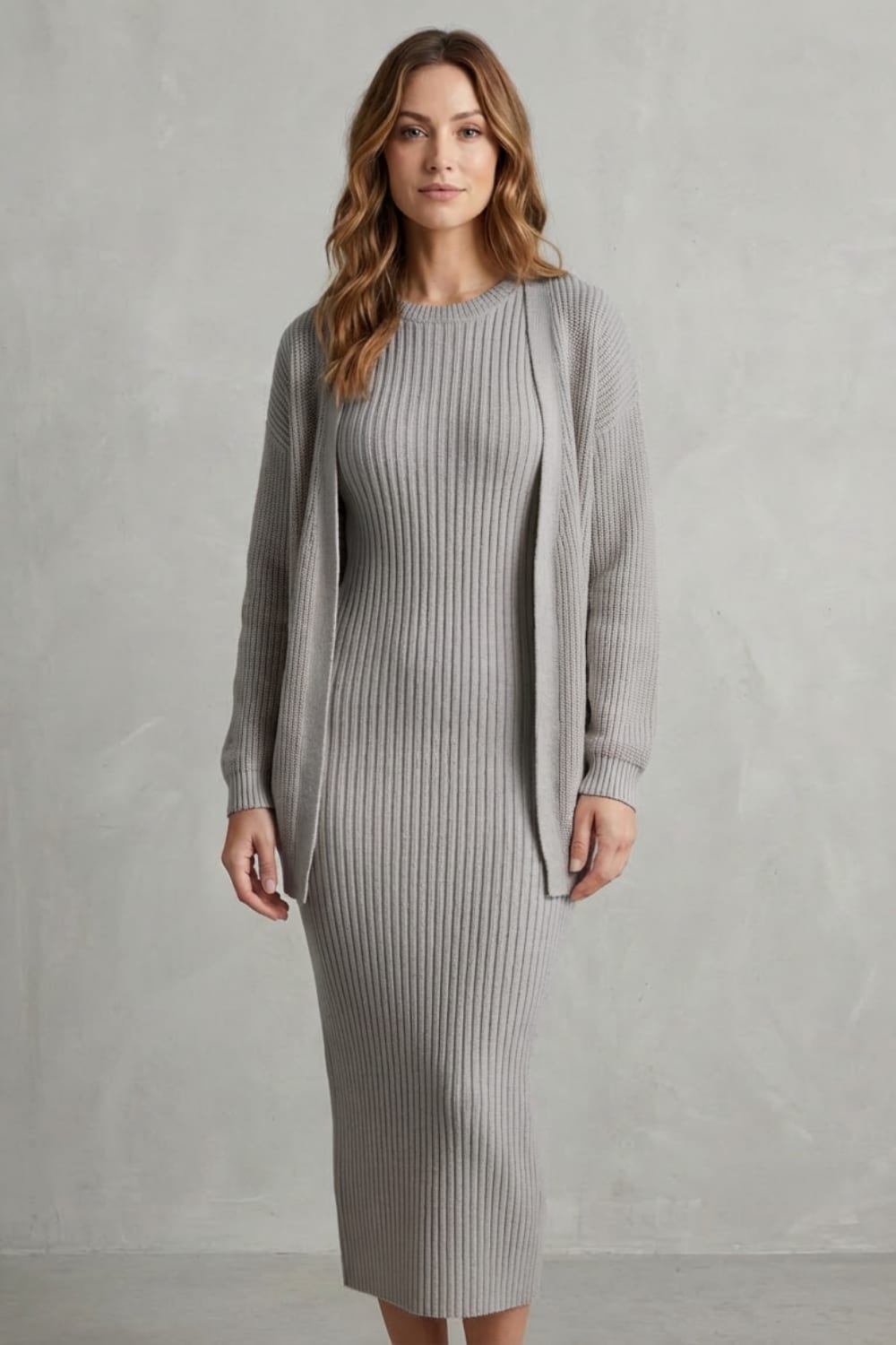 Women's Ribbed Knit Midi Dress and Cardigan Set | Gabriella_30