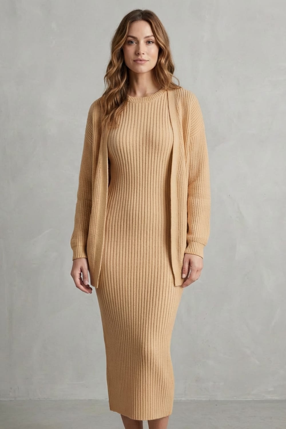 Women's Ribbed Knit Midi Dress and Cardigan Set | Gabriella_32