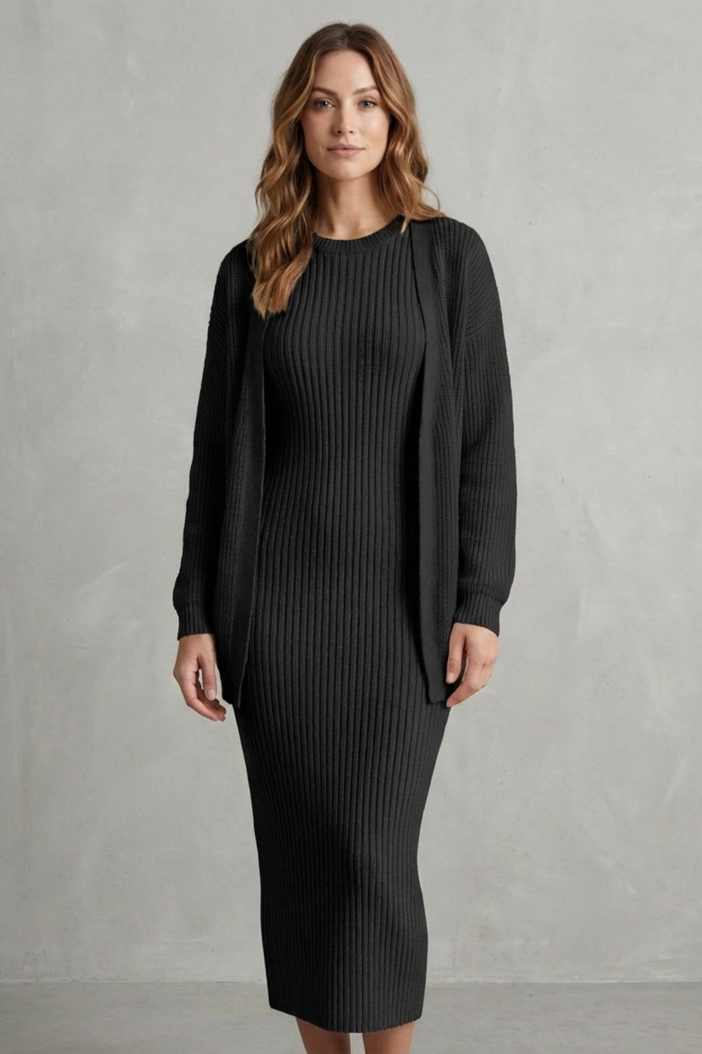 Women's Ribbed Knit Midi Dress and Cardigan Set | Gabriella_6