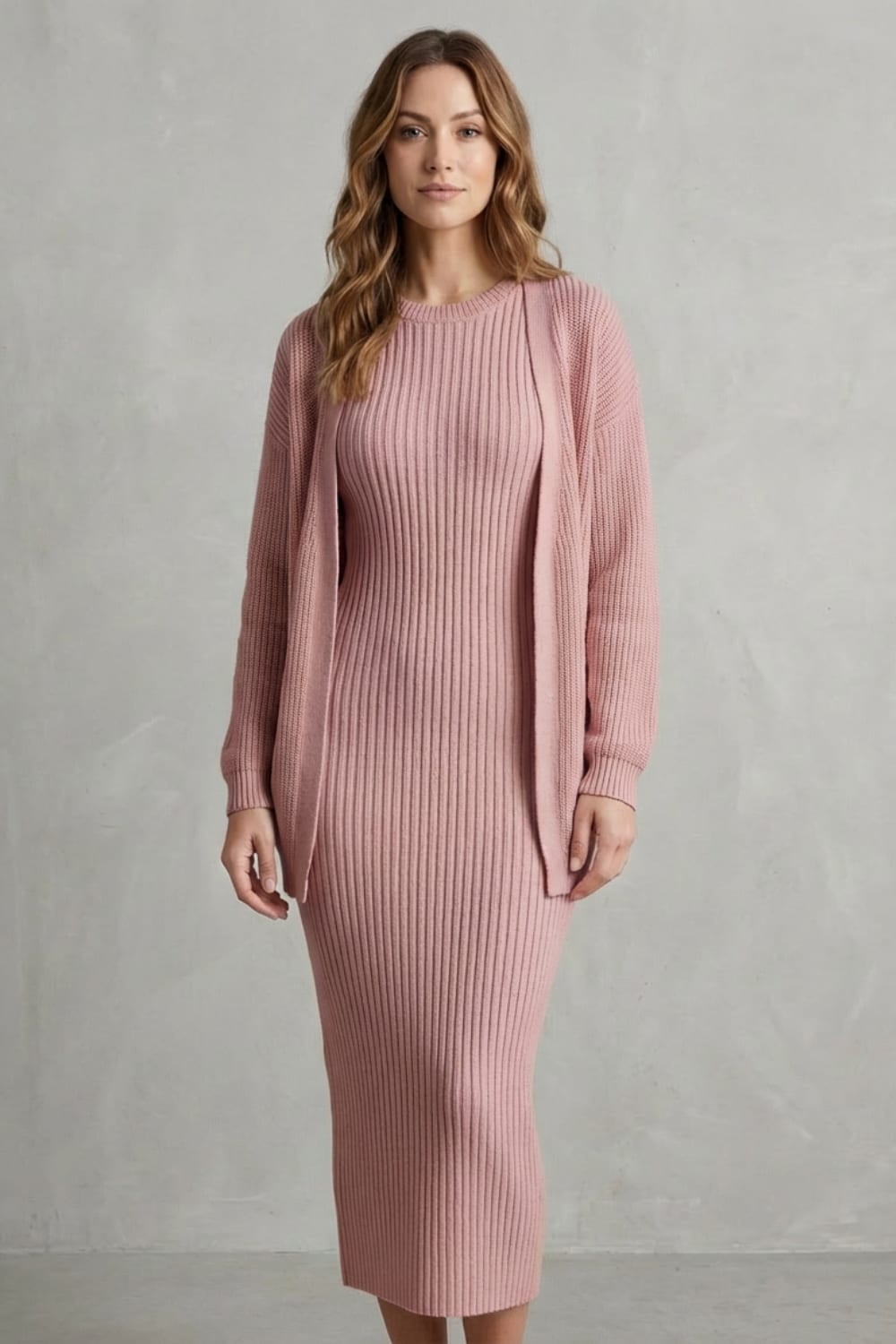 Women's Ribbed Knit Midi Dress and Cardigan Set | Gabriella_8