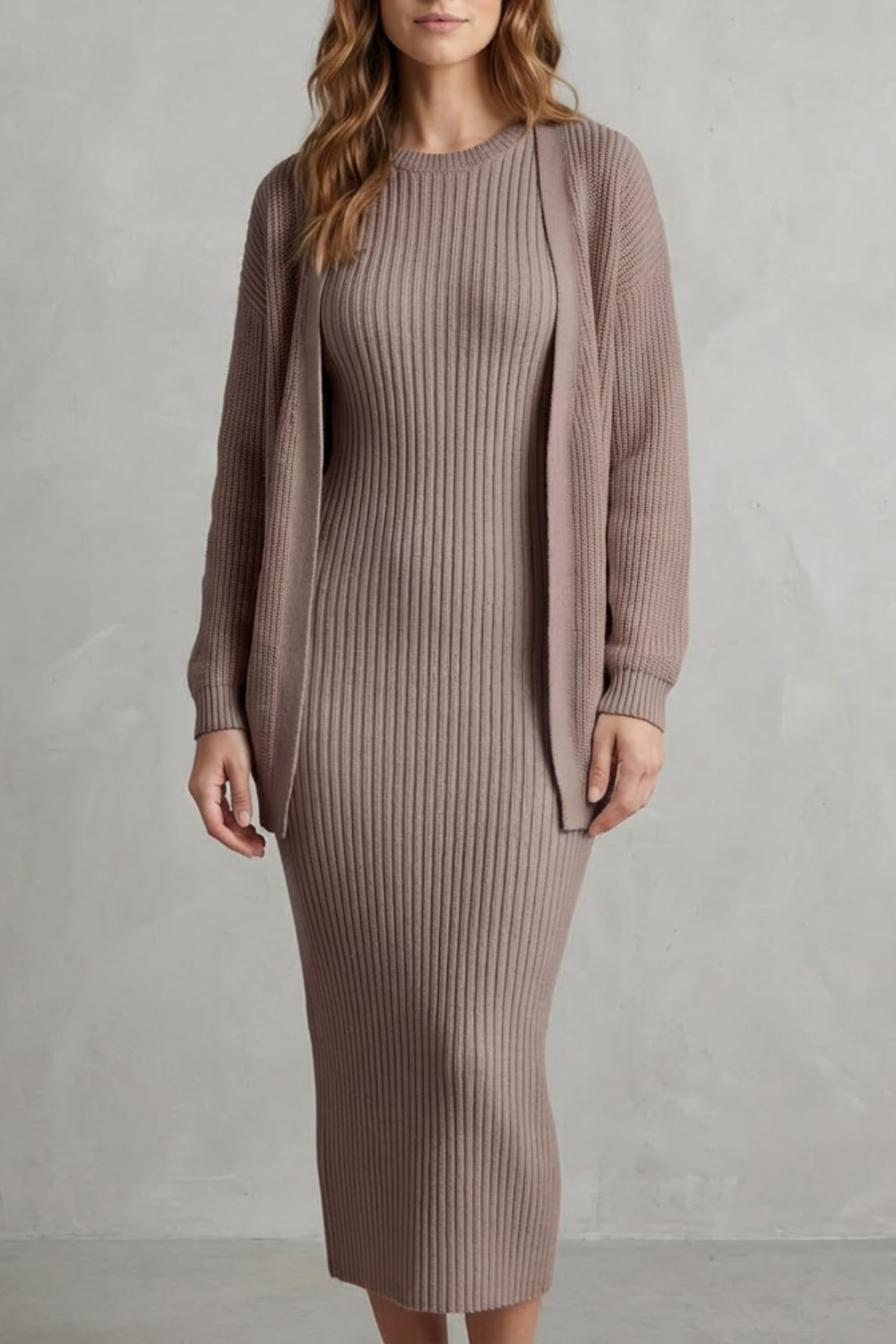 Women's Ribbed Knit Midi Dress and Cardigan Set | Gabriella_9