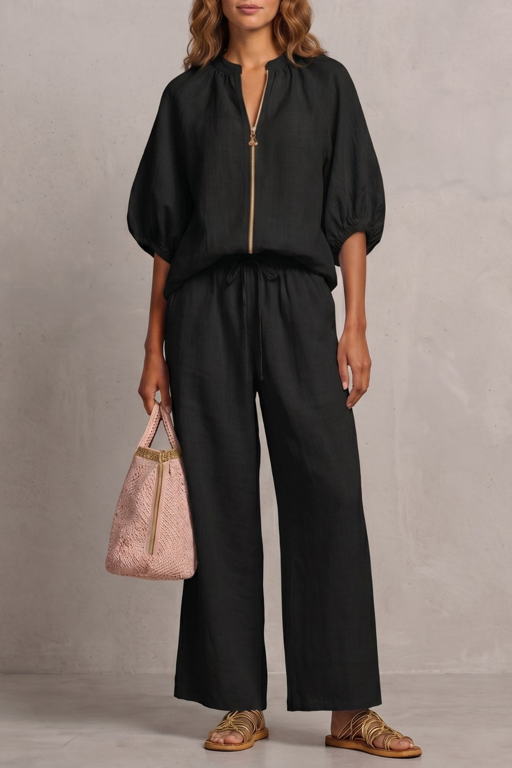 Women's Zip Front Wide Leg Trouser Set | Hayley_11