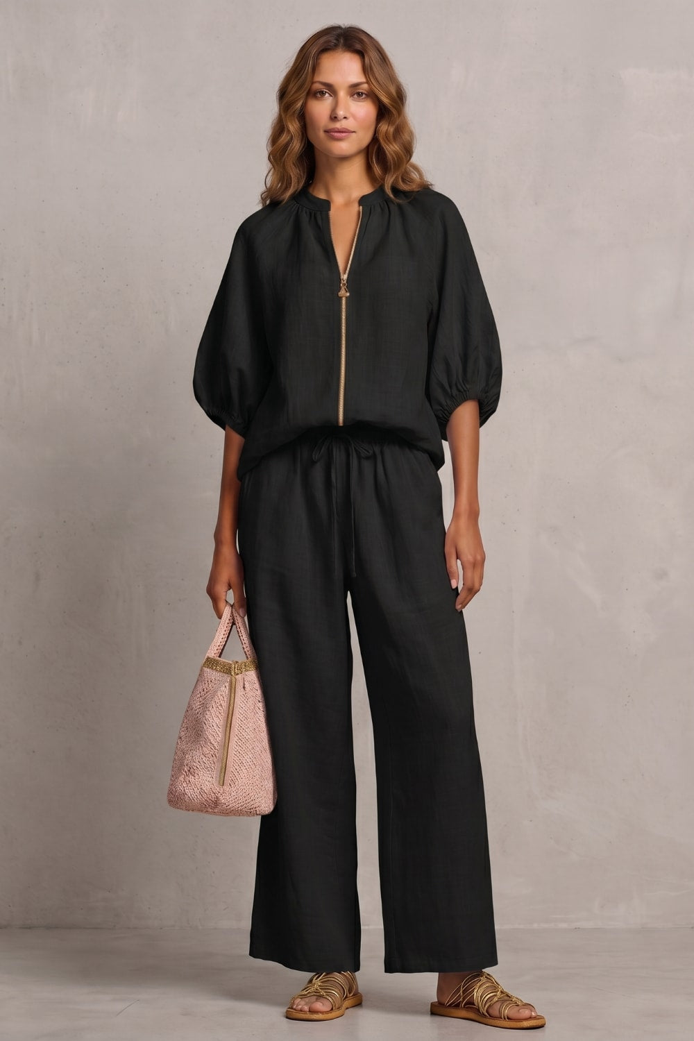 Women's Zip Front Wide Leg Trouser Set | Hayley_12