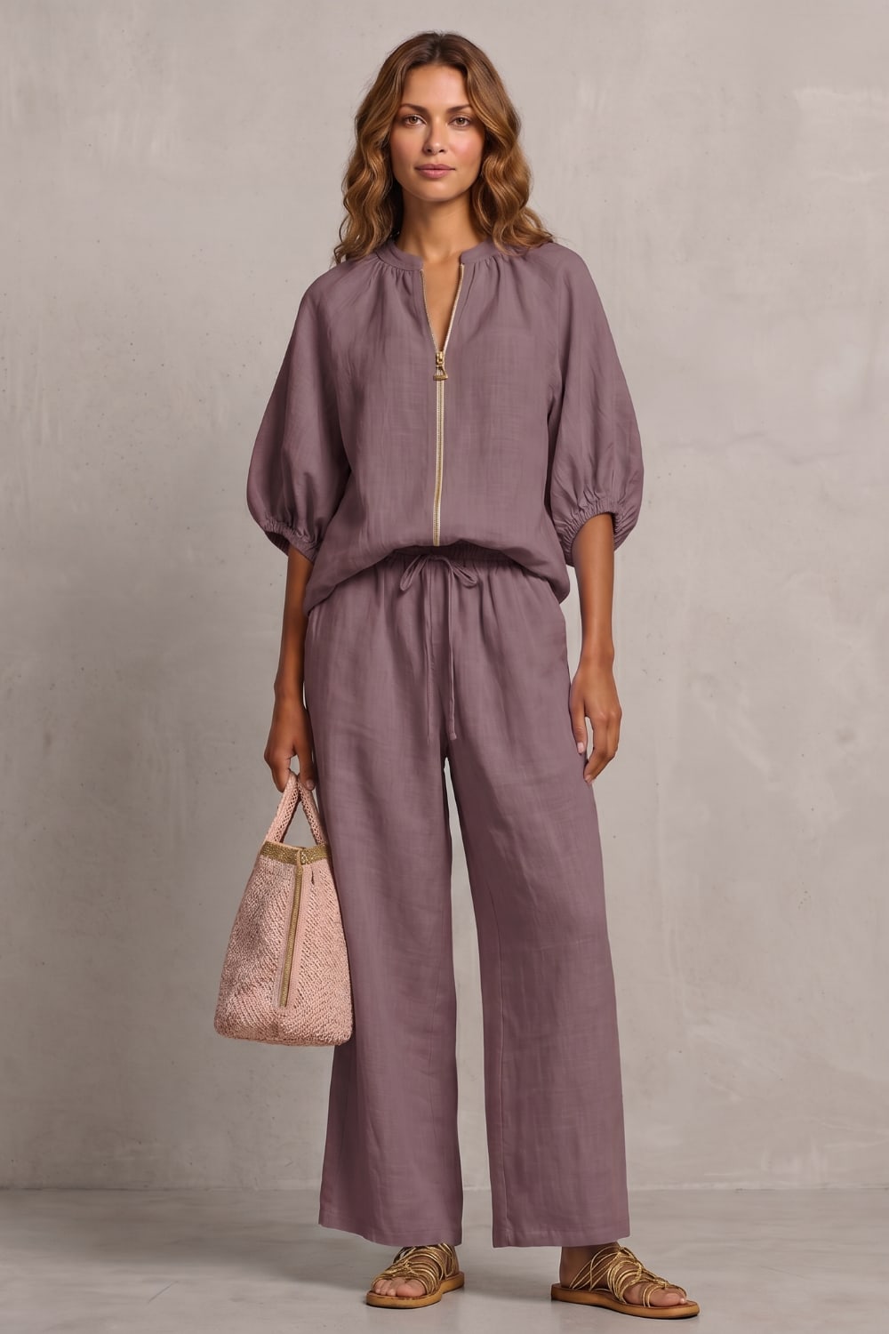 Women's Zip Front Wide Leg Trouser Set | Hayley_14
