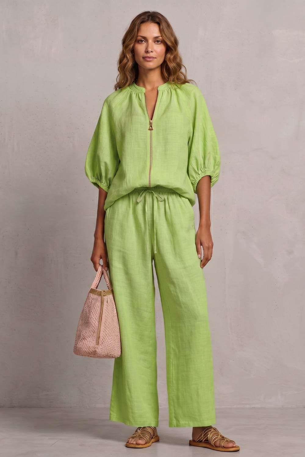 Women's Zip Front Wide Leg Trouser Set | Hayley_16