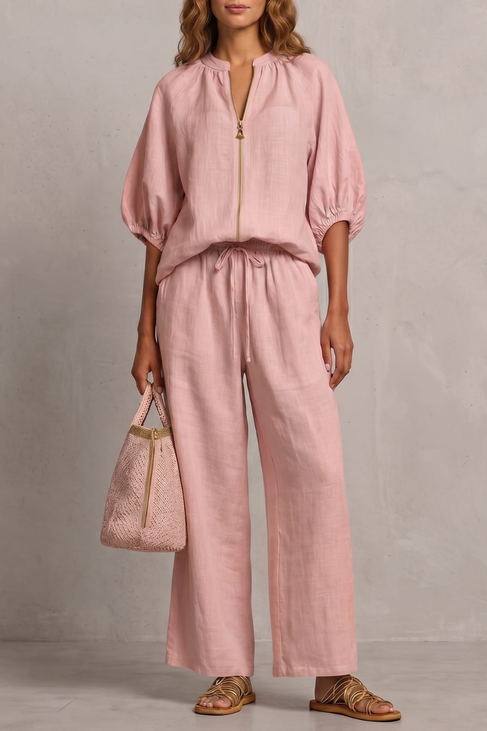 Women's Zip Front Wide Leg Trouser Set | Hayley_17