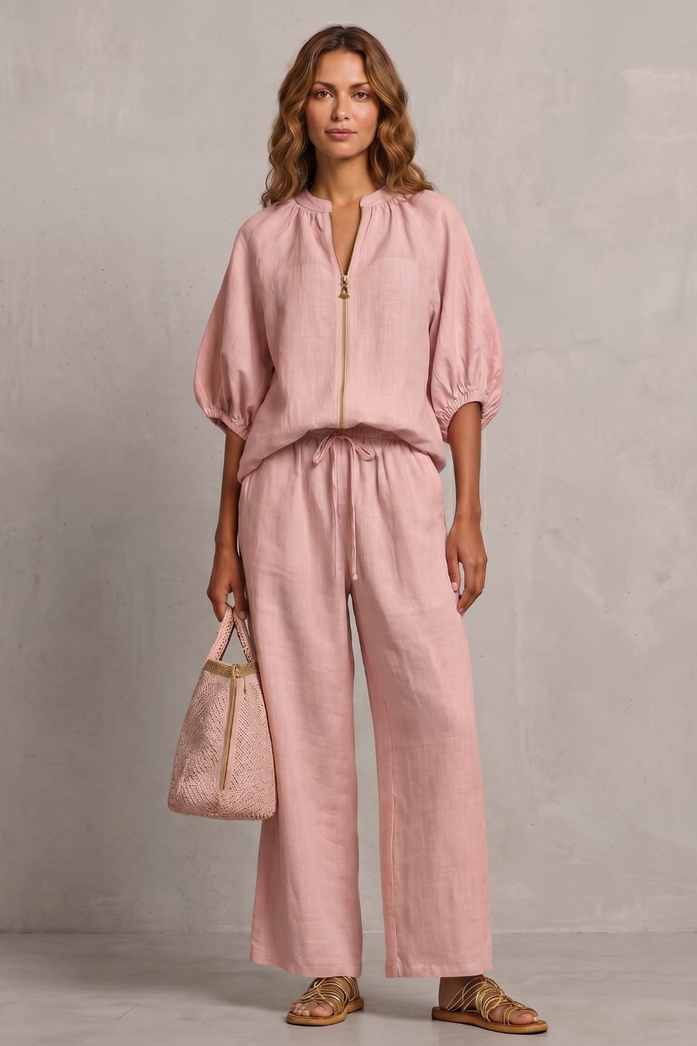 Women's Zip Front Wide Leg Trouser Set | Hayley_18