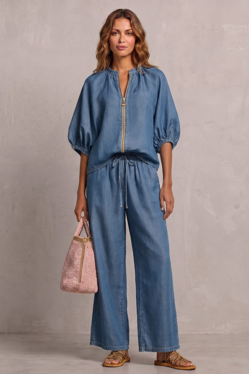 Women's Zip Front Wide Leg Trouser Set | Hayley_6