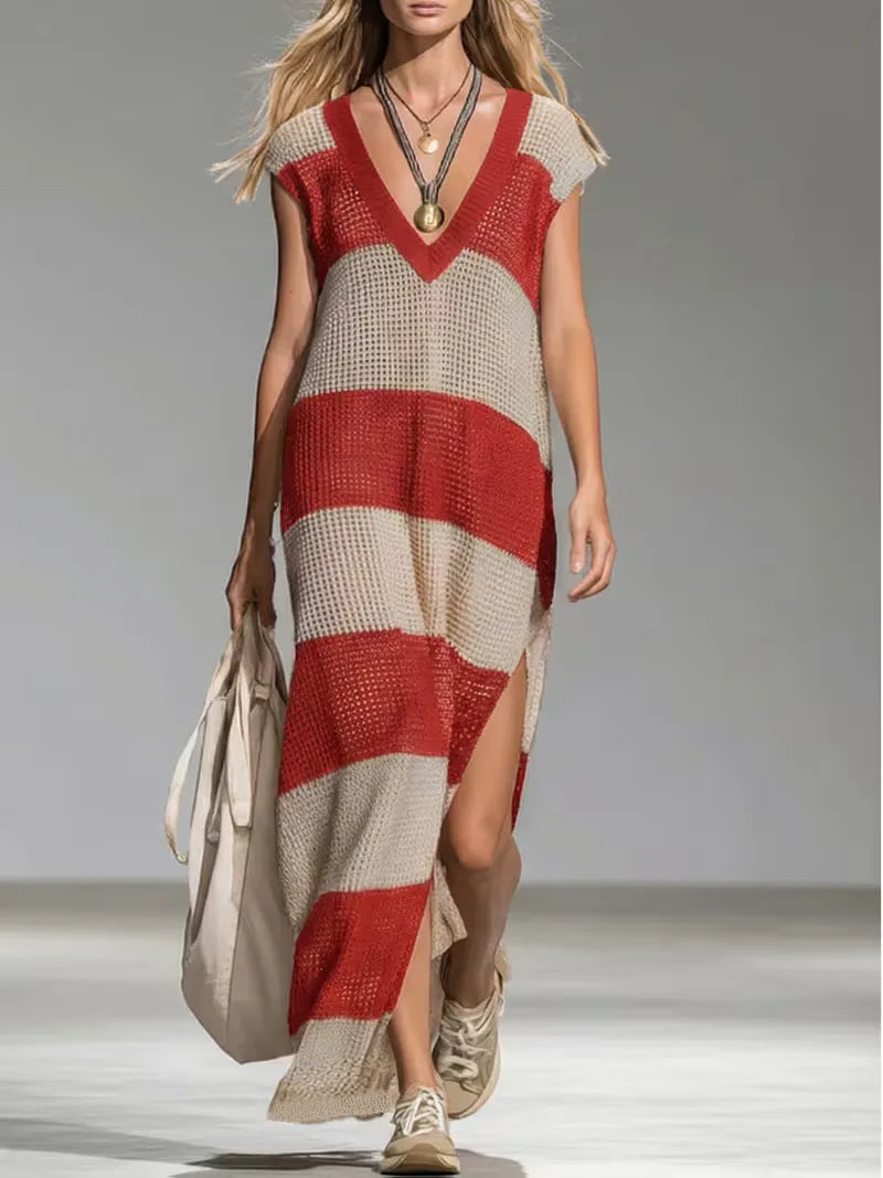 Women's Striped V-Neck Knit Midi Dress | Sienna