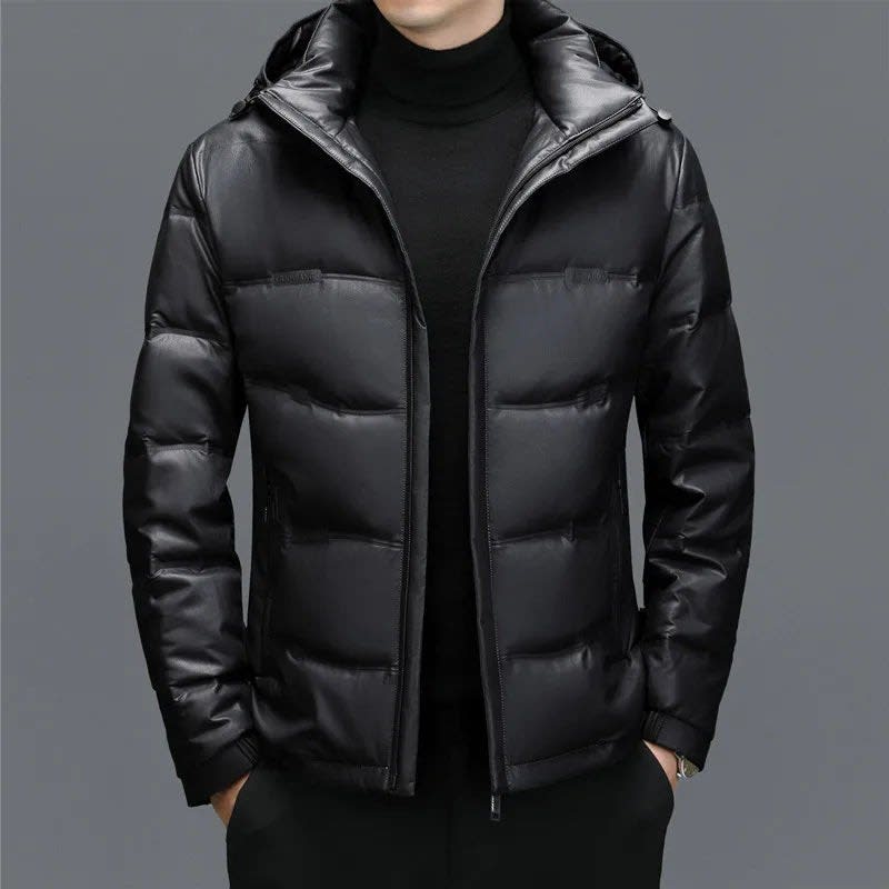 Men's Hooded Leather Puffer Jacket | Zachary_1