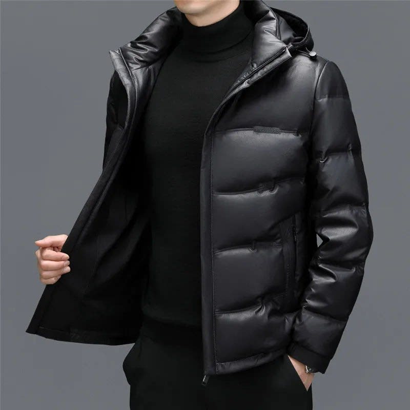 Men's Hooded Leather Puffer Jacket | Zachary_3