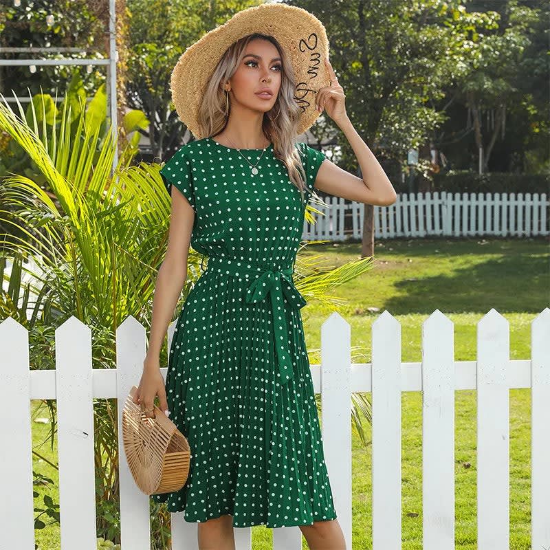Women's Polka Dot Pleated Midi Dress | Rose_11