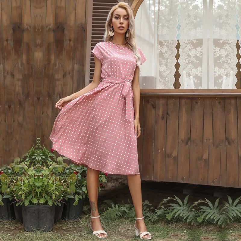 Women's Polka Dot Pleated Midi Dress | Rose_14