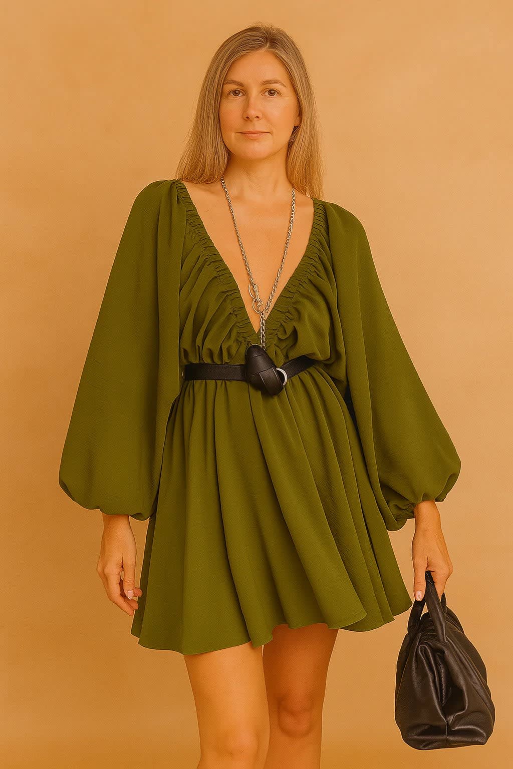 Women's Flowy V-Neck Puff Sleeve Summer Dress | Bronte_10