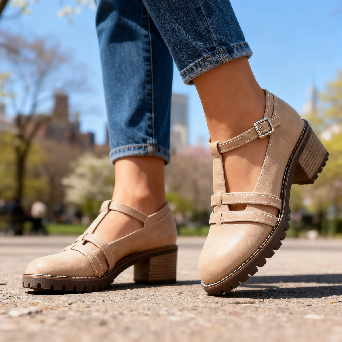 Women's Cut Out T-Bar Block Heels | Abbie_2