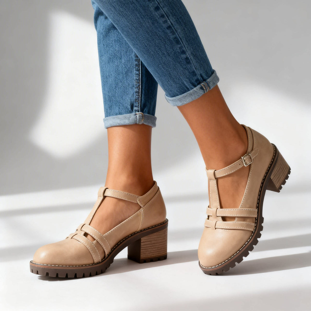 Women's Cut Out T-Bar Block Heels | Abbie_5