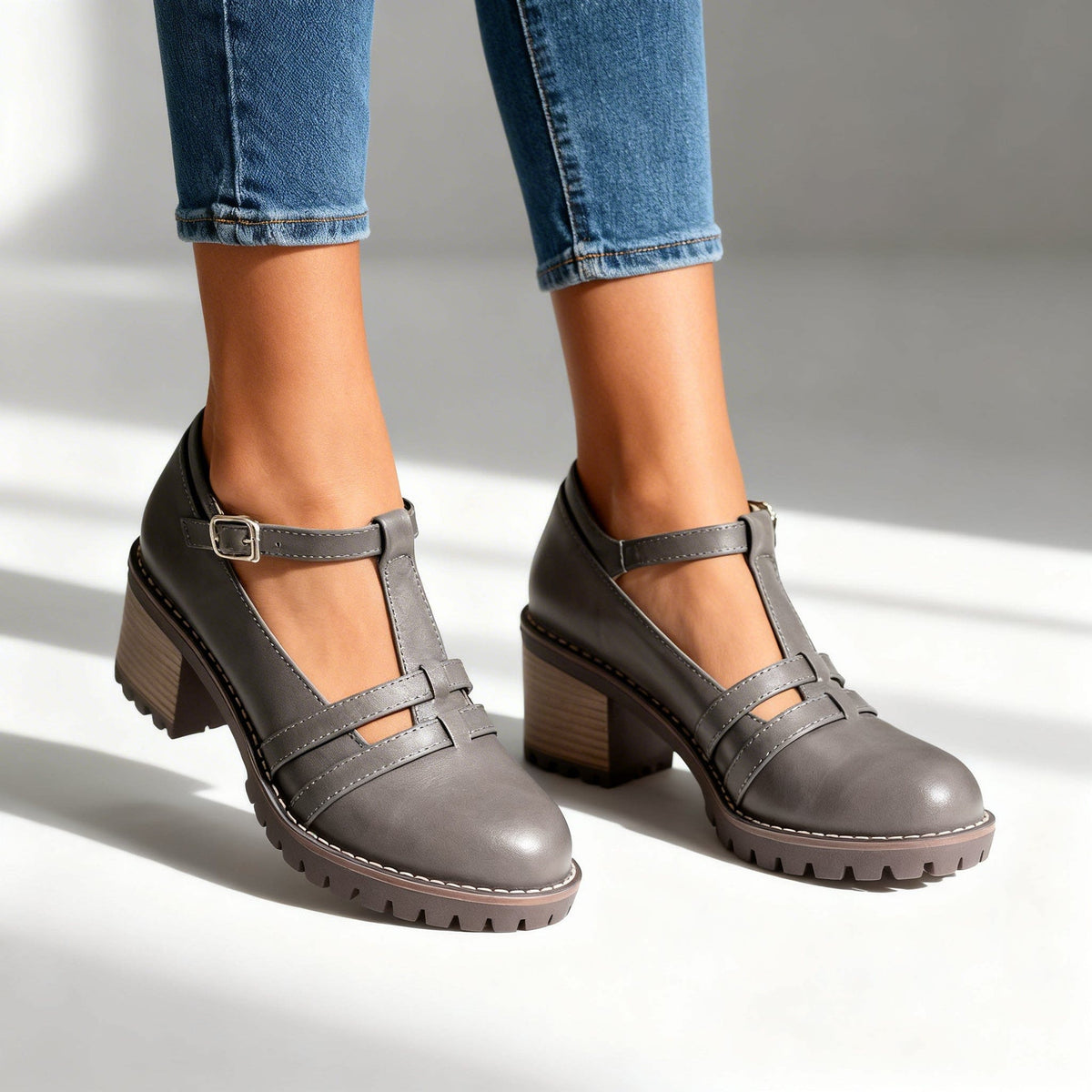 Women's Cut Out T-Bar Block Heels | Abbie_6