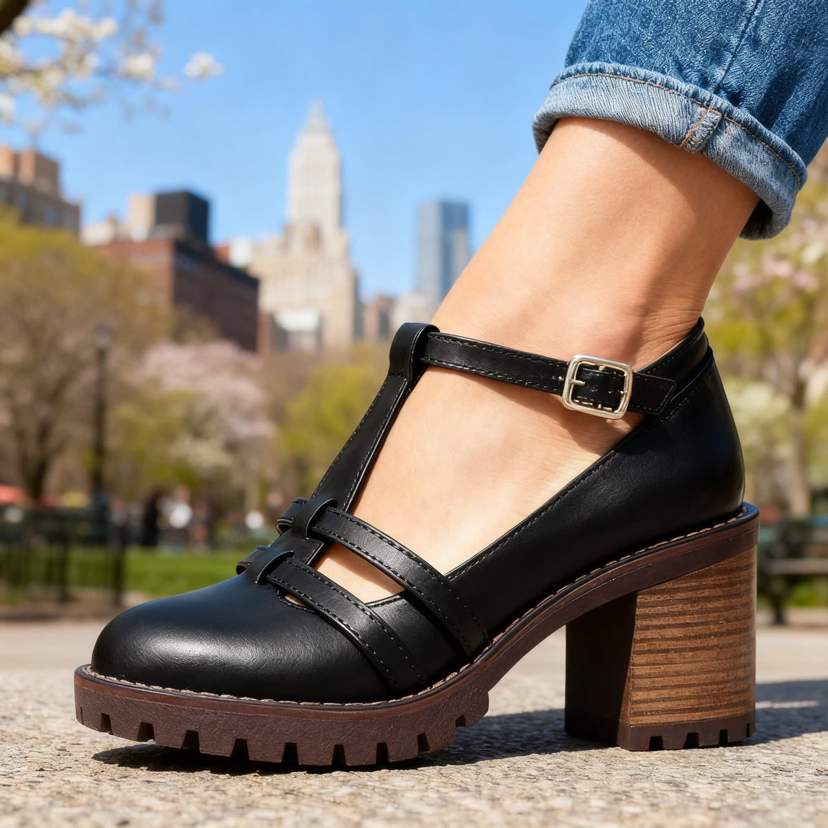 Women's Cut Out T-Bar Block Heels | Abbie_7