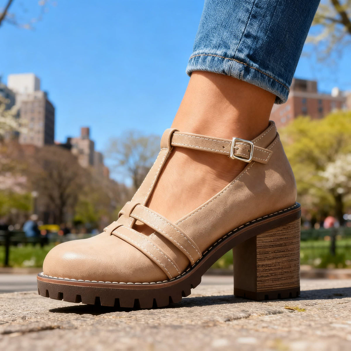 Women's Cut Out T-Bar Block Heels | Abbie_8