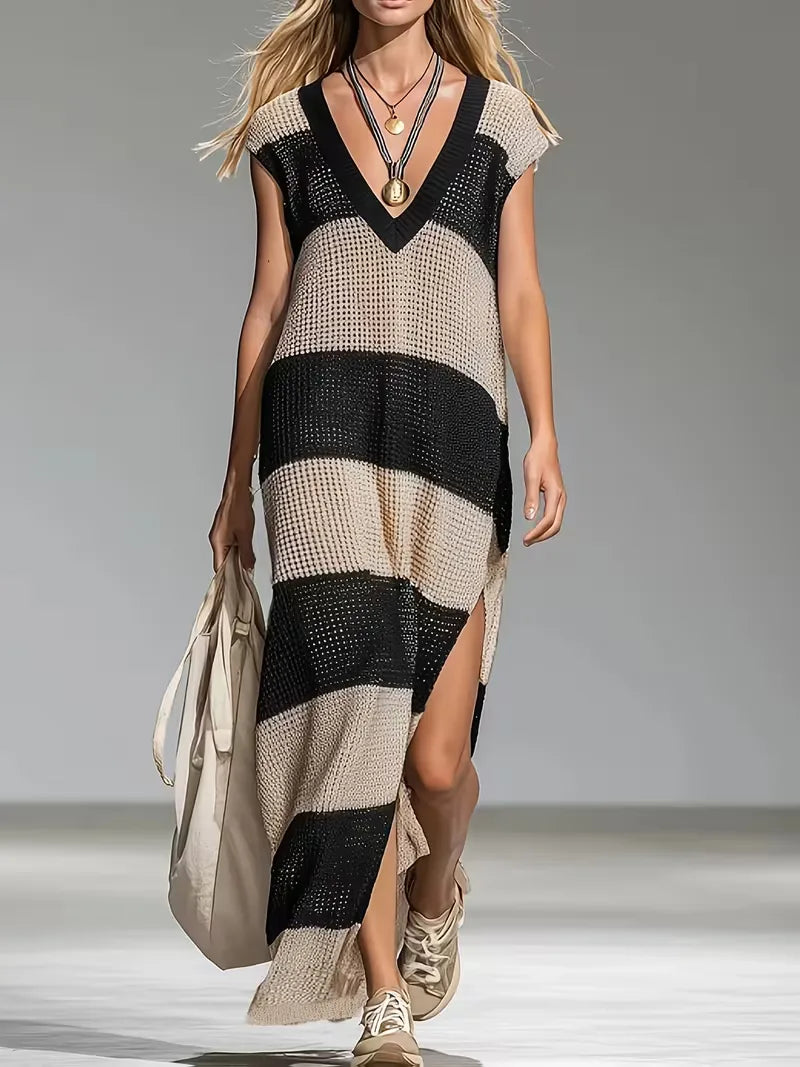 Women's Striped V-Neck Knit Midi Dress | Sienna
