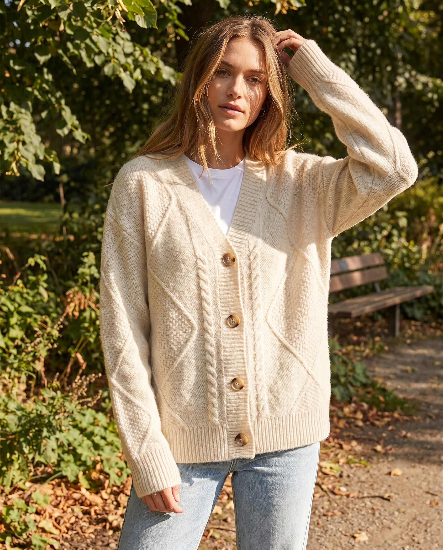 Women's Cable Knit Button Front Cardigan | Tamsyn_3