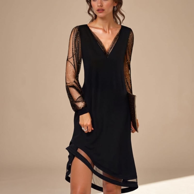 Women's Black Sheer Sleeve Christmas Party Dress | Leonora_1