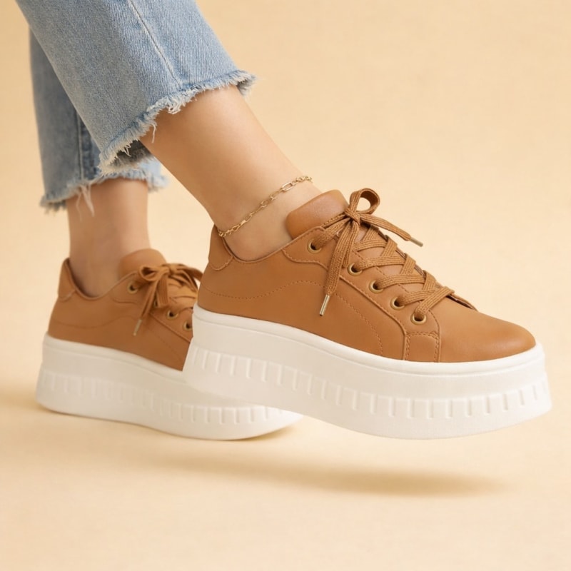 Women's Faux Leather Platform Trainers | Cherry_1