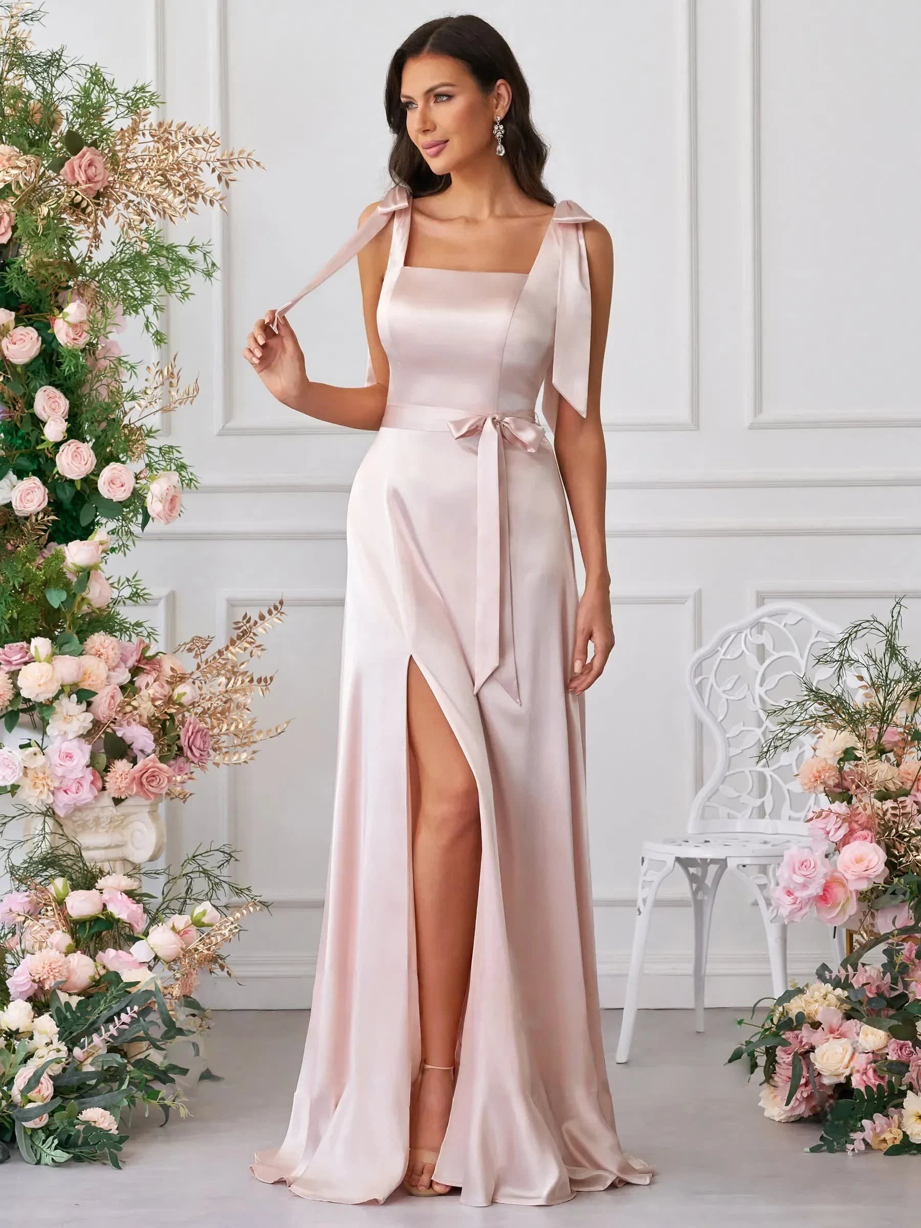 Women's Square Neck Wedding Guest Maxi Dress with Bow Straps | Violet Parker_2