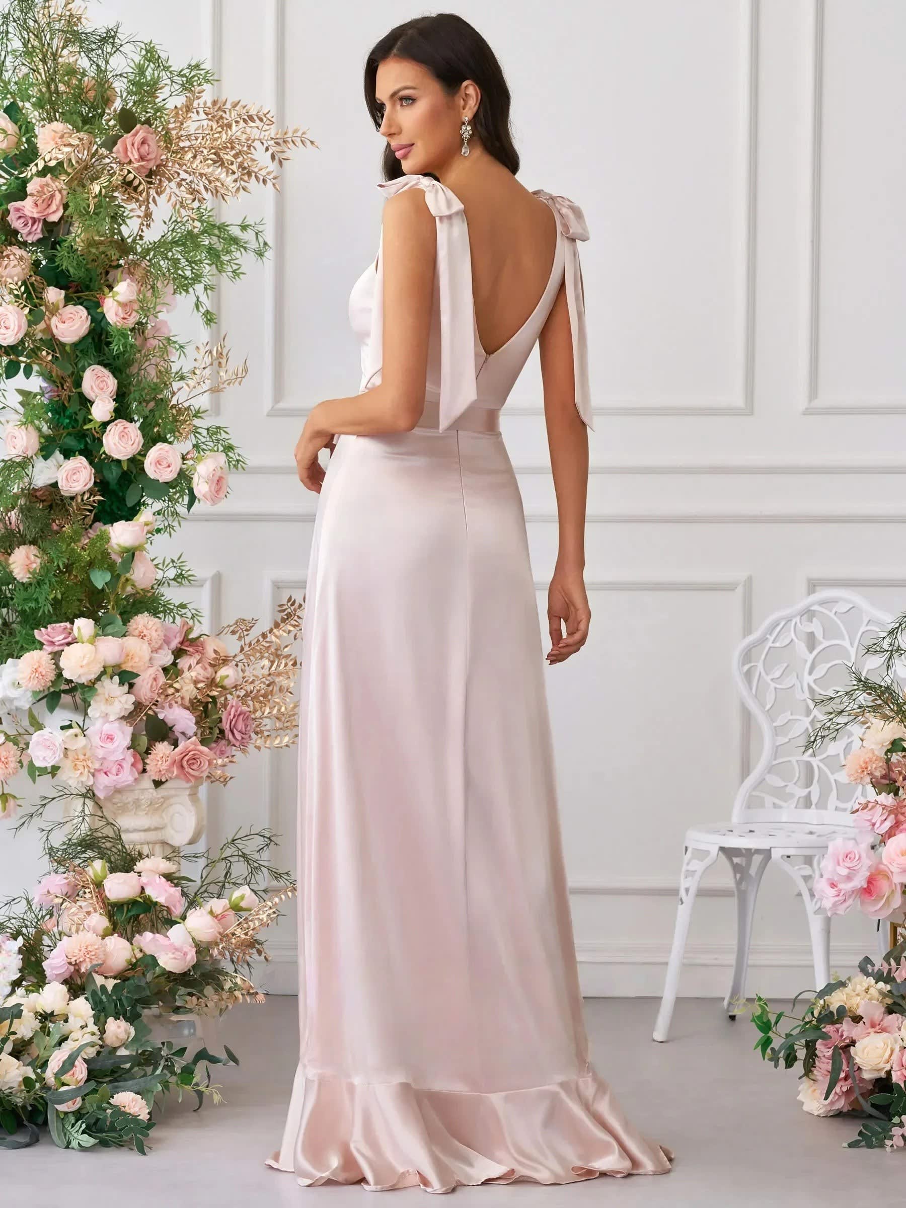 Women's Square Neck Wedding Guest Maxi Dress with Bow Straps | Violet Parker_3