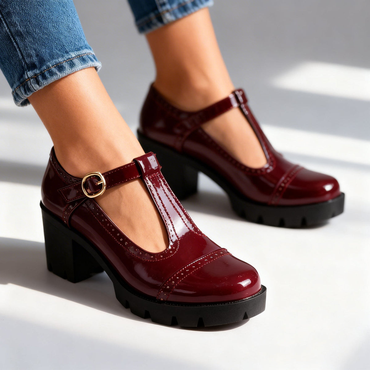Women's Patent T-Bar Platform Heels | Eabha_4
