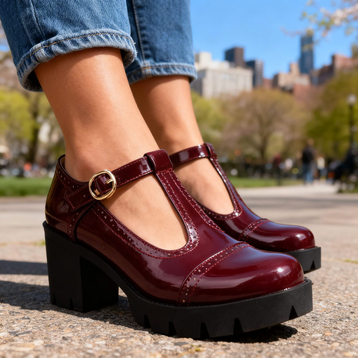 Women's Patent T-Bar Platform Heels | Eabha_7
