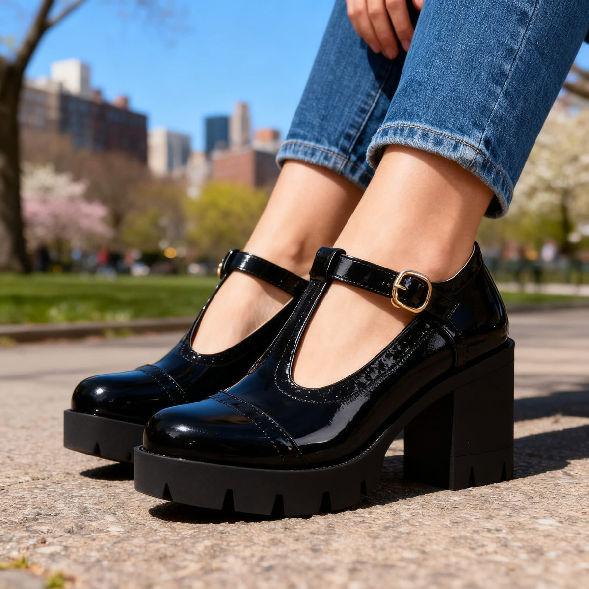 Women's Patent T-Bar Platform Heels | Eabha_8