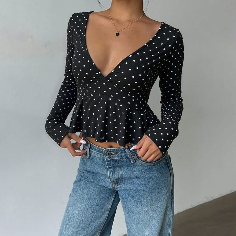 Women's Polka Dot V-Neck Peplum Top | Rosamund_1