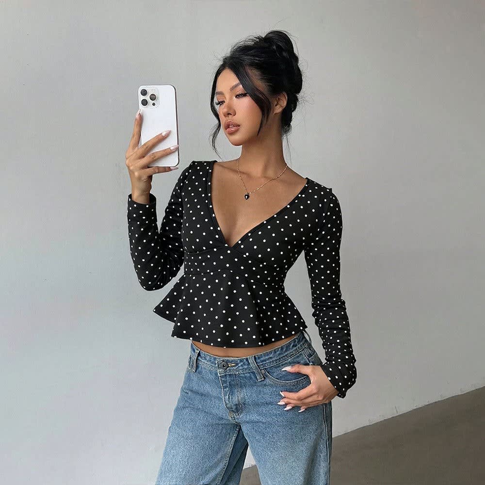 Women's Polka Dot V-Neck Peplum Top | Rosamund_4