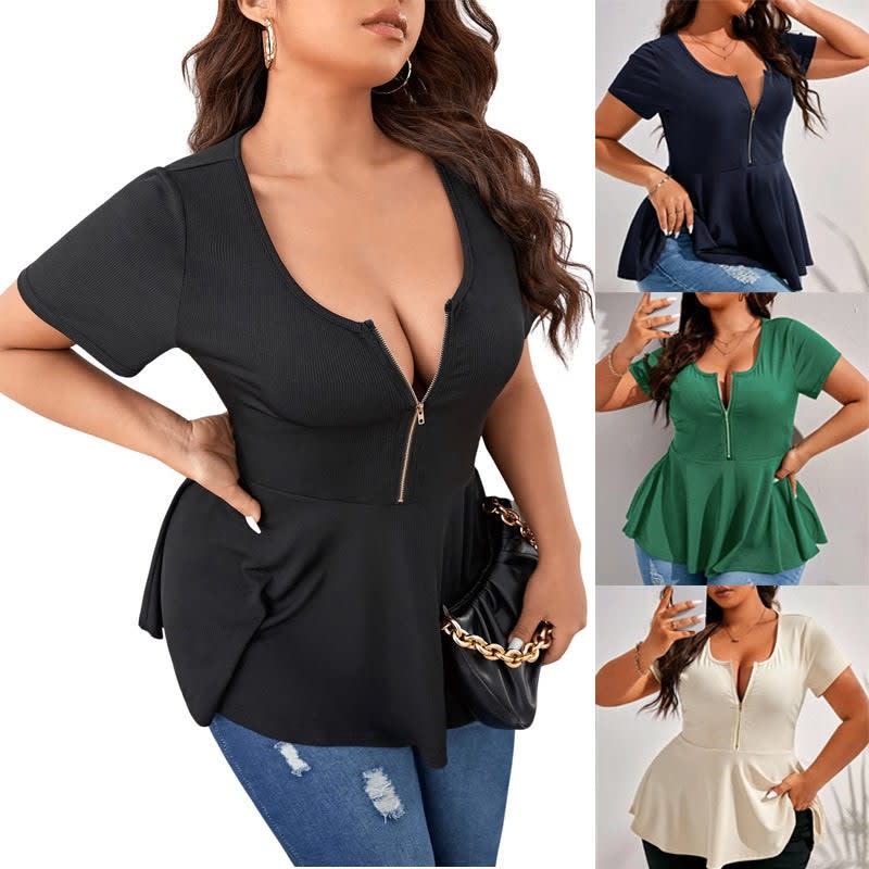 Women's Ribbed Zip Front Peplum Top | Joanna_1