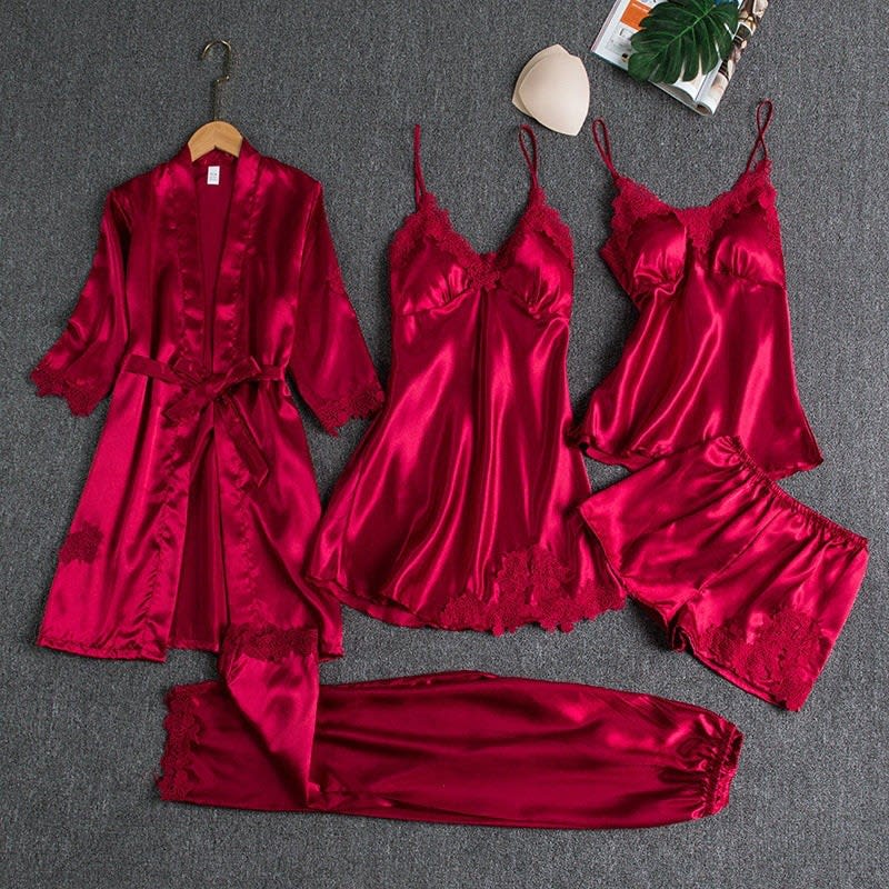 Women's Five Piece Satin Lace Pyjama Set | Genevieve_2