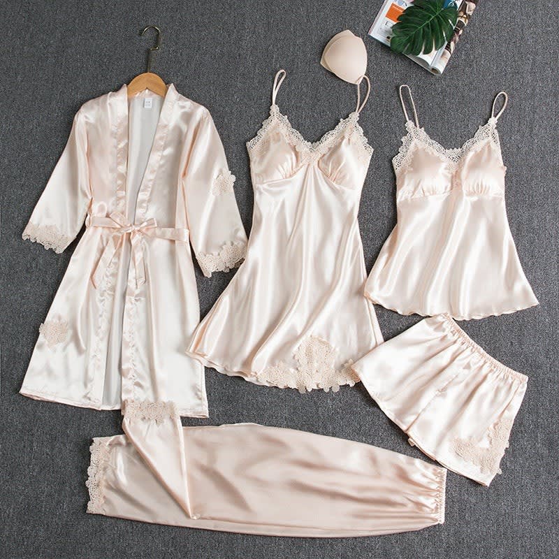Women's Five Piece Satin Lace Pyjama Set | Genevieve_4