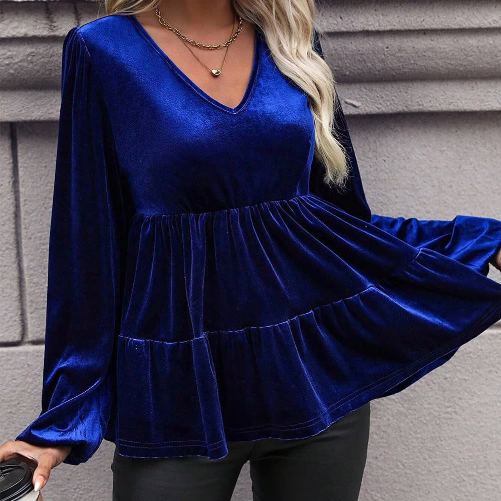 Women's Velvet Balloon Sleeve Peplum Top | Frances_3