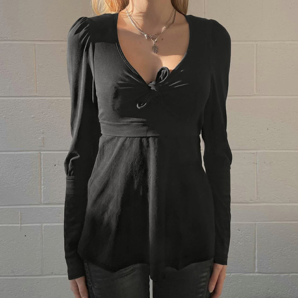 Women's Knot Front Puff Sleeve Peplum Top | Christina_2