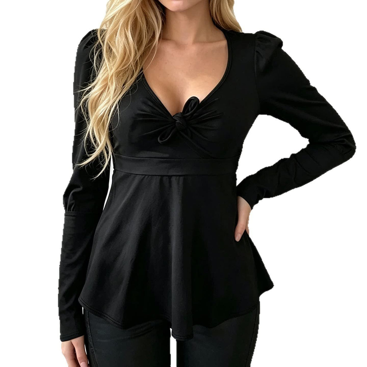 Women's Knot Front Puff Sleeve Peplum Top | Christina_5