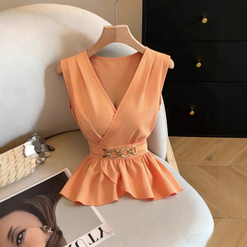 Women's Wrap V-Neck Peplum Top with Chain Belt | Octavia_1