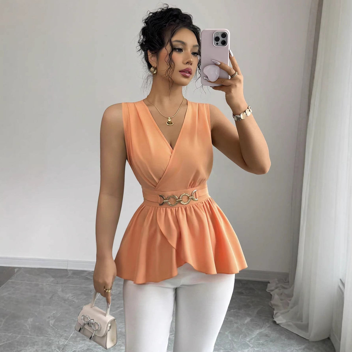 Women's Wrap V-Neck Peplum Top with Chain Belt | Octavia_2
