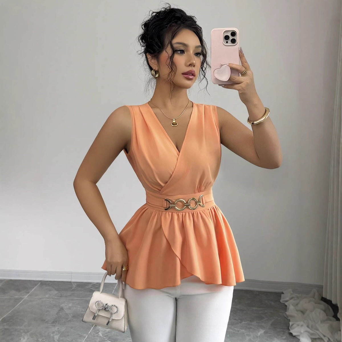 Women's Wrap V-Neck Peplum Top with Chain Belt | Octavia_4