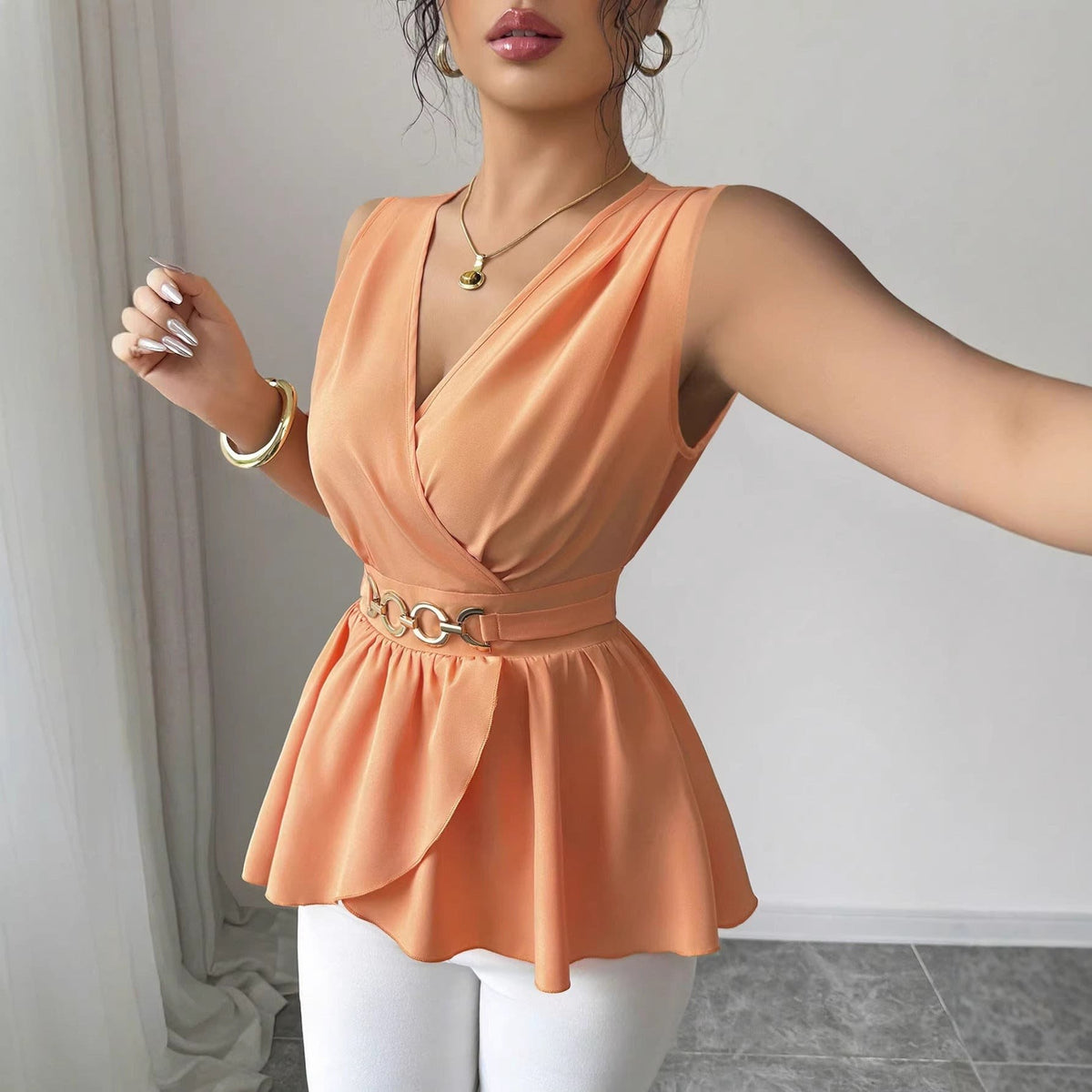 Women's Wrap V-Neck Peplum Top with Chain Belt | Octavia_5