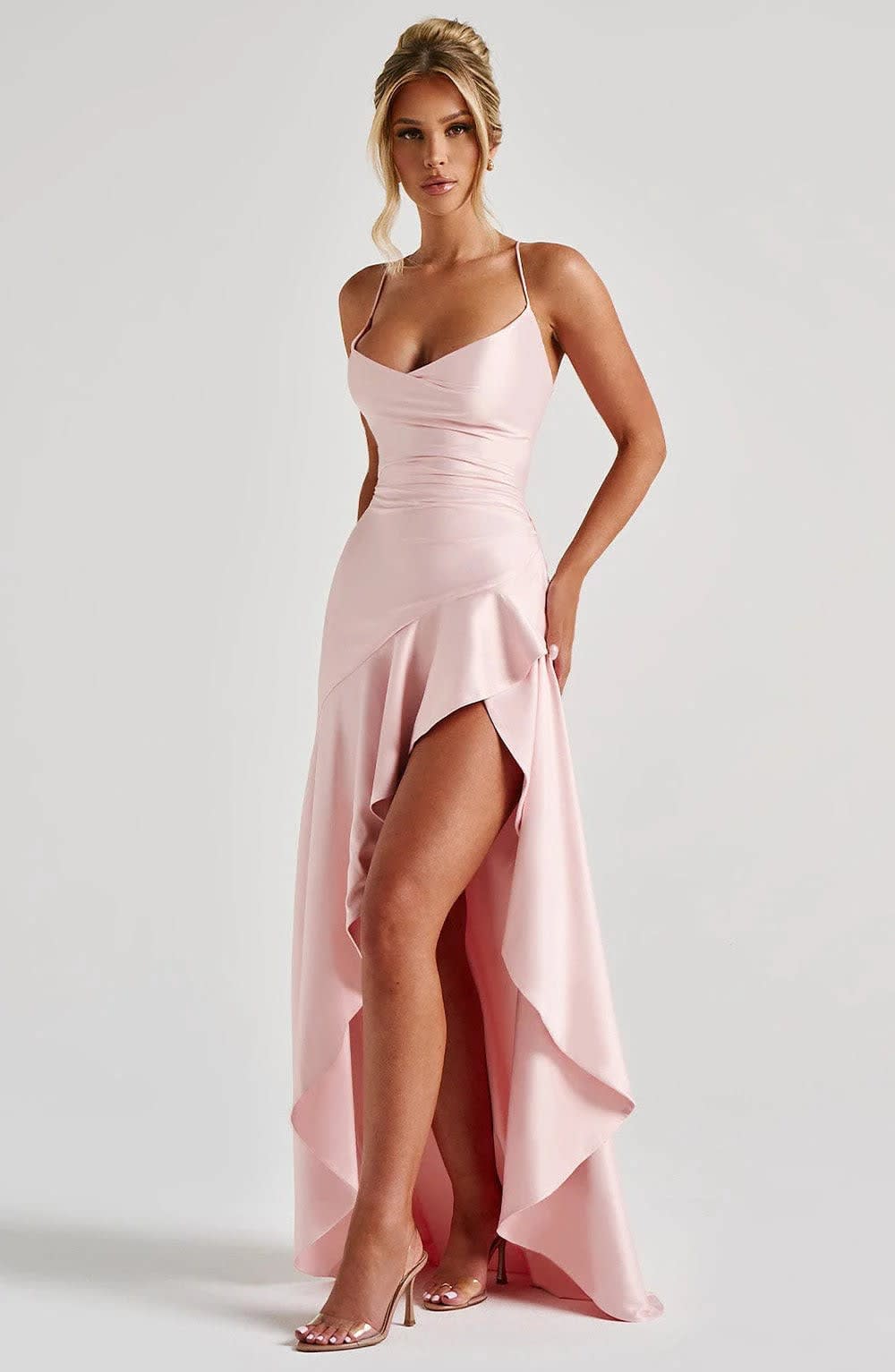 Women's Satin Ruffle Split Maxi Dress | Magdalena_5