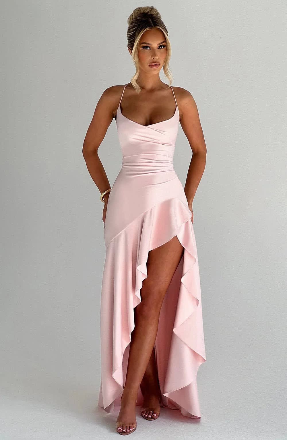 Women's Satin Ruffle Split Maxi Dress | Magdalena_8