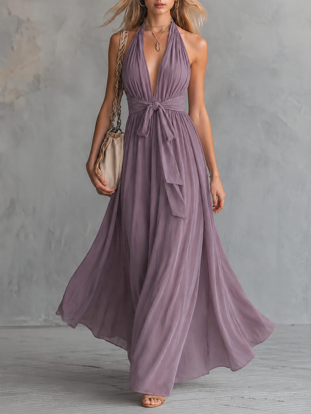Women's Halter V-Neck Maxi Dress | Olivia Porter_2