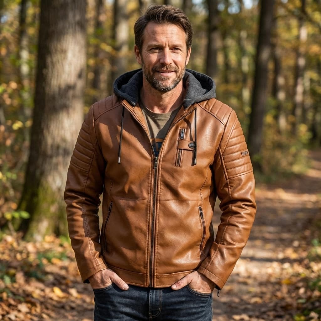 Men's Faux Leather Hooded Moto Jacket | Merrick_6